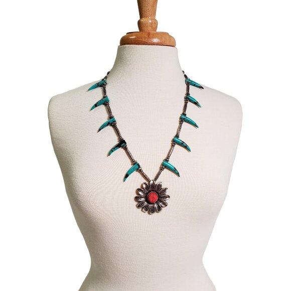 GUCCI NECKLACE MARMONT FLOWER TURQUOISE HORNS STERLING SILVER - Picture 3 of 13
